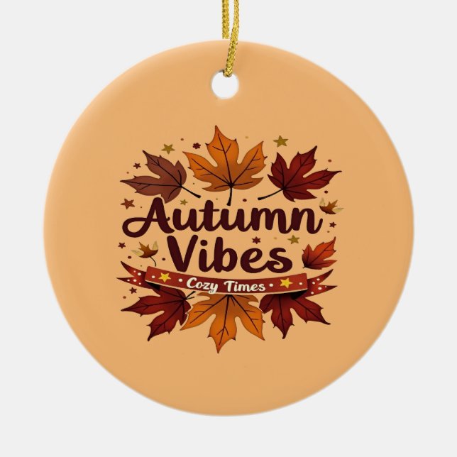 Ornamento De Cerâmica Autumn Vibes Cozy Fall Foles Design (Frente)