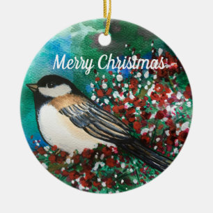 Ornamento De Cerâmica Ave-Neves Chickadee Feliz Natal