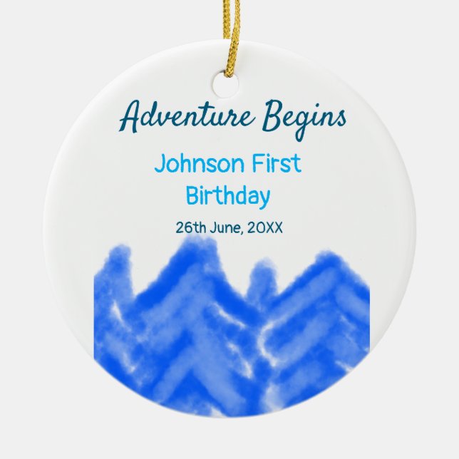 Ornamento De Cerâmica Aventura Azul Aqua inicia montanha primeiro aniver (Frente)