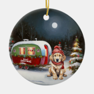 Ornamento De Cerâmica Aventura de Natal da Caravana do Retriever Dourado