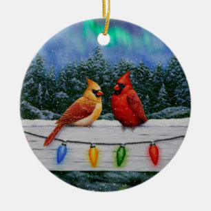 Ornamento De Cerâmica Aves Cardinais e Luzes de Natal