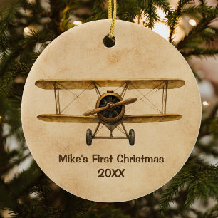 Ornamento De Cerâmica Avião Antigo Caprichoso Aviador 1º Natal