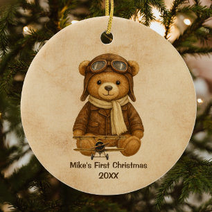 Ornamento De Cerâmica Avião Antigo Urso Teddy Fofo Aviador Caprichoso