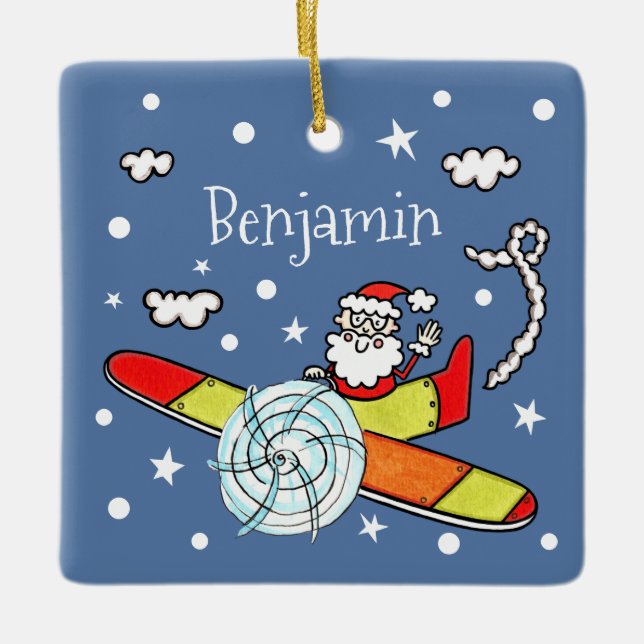 Ornamento De Cerâmica Avião Pai Natal Personalizado Papai Noel (Frente)
