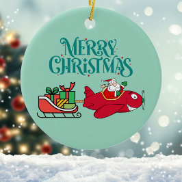 Ornamento De Cerâmica Avião Voador de papais noeis, Sleigh e presentes, 