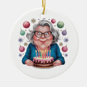 Ornamento De Cerâmica Avó engraçada olhando para o bolo de aniversário