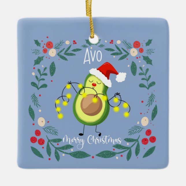 Ornamento De Cerâmica Avo merry natal avocado luzes nota card (Frente)