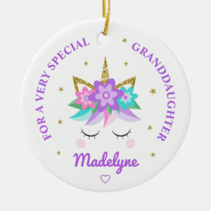 Ornamento De Cerâmica Avô Unicórnio Flores Roxas Personalizadas