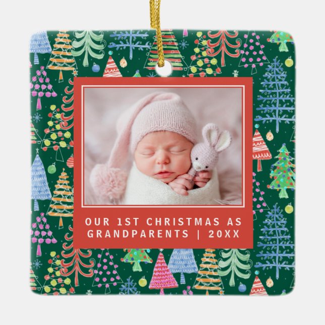 Ornamento De Cerâmica Avós bonitos 1rua Árvores de Natal Foto Verde (Frente)