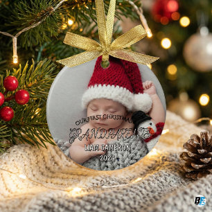 Ornamento De Cerâmica Avós com fotografia clássico do Primeiro Natal