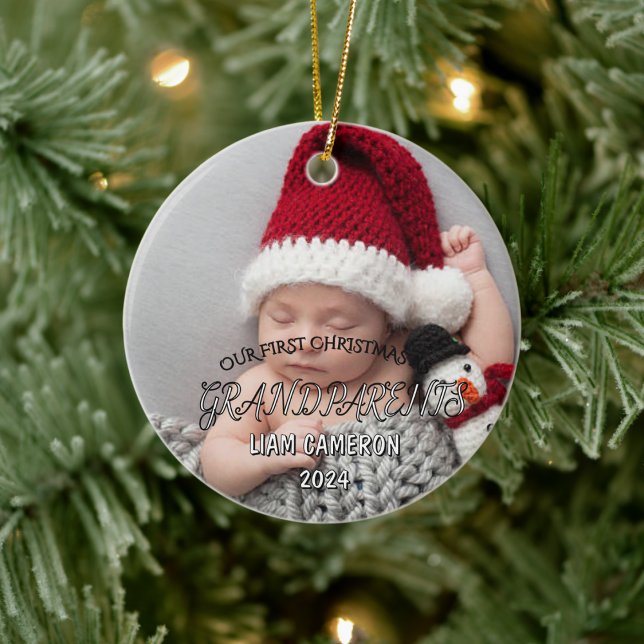 Ornamento De Cerâmica Avós com fotografia clássico do Primeiro Natal (Criador carregado)