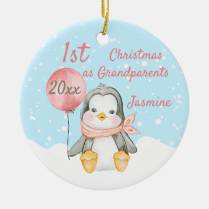 Ornamento De Cerâmica Avós Pinguins de Natal Bonitos Rosa
