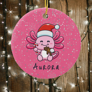 Ornamento De Cerâmica Axolotl bonito com Papai Noel e Candy Cane Natal