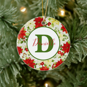Ornamento De Cerâmica Azevinho e Poinsettia personalizados