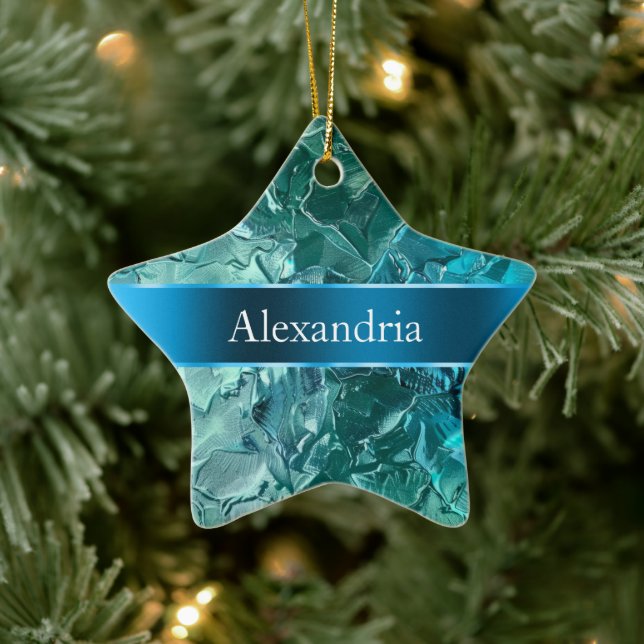 Ornamento De Cerâmica Azul Aqua Glam Glitz Nome de Natal (Árvore)