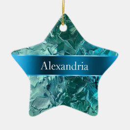 Ornamento De Cerâmica Azul Aqua Glam Glitz Nome de Natal