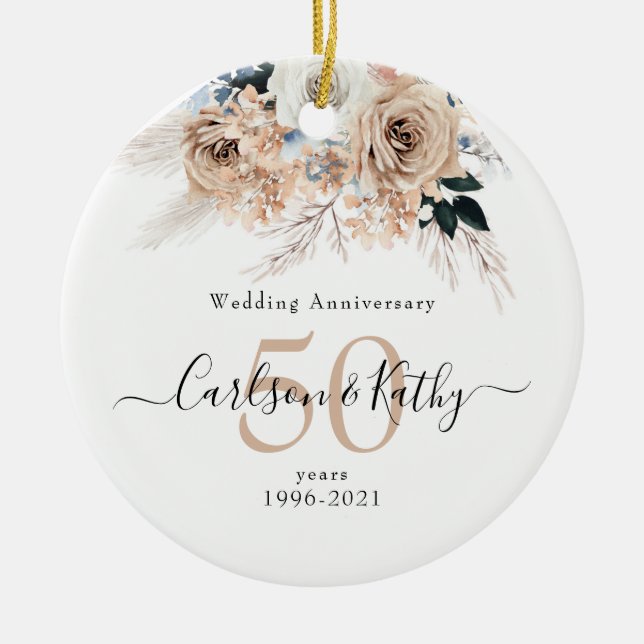 Ornamento De Cerâmica Azul Boho Floral Personalizado 50 Aniversário (Frente)