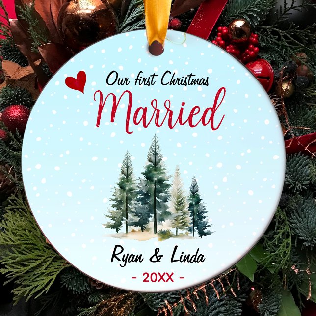 Ornamento De Cerâmica Azul bonito, primeiro Natal casado, árvores verdes (Criador carregado)