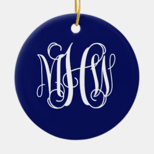 Ornamento De Cerâmica Azul Branco 3 Inicial Vinha Monograma DIY BG