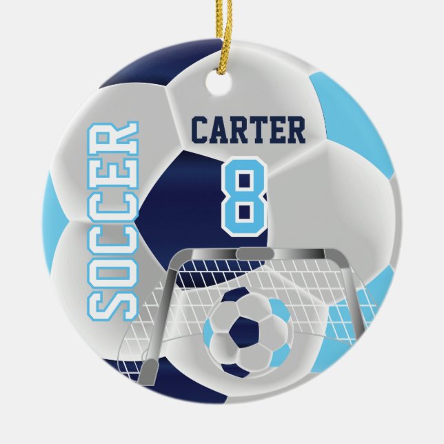 Ornamento De Cerâmica Azul, Branco e Azul Escuro Personalizar ⚽ de Futeb (Frente)