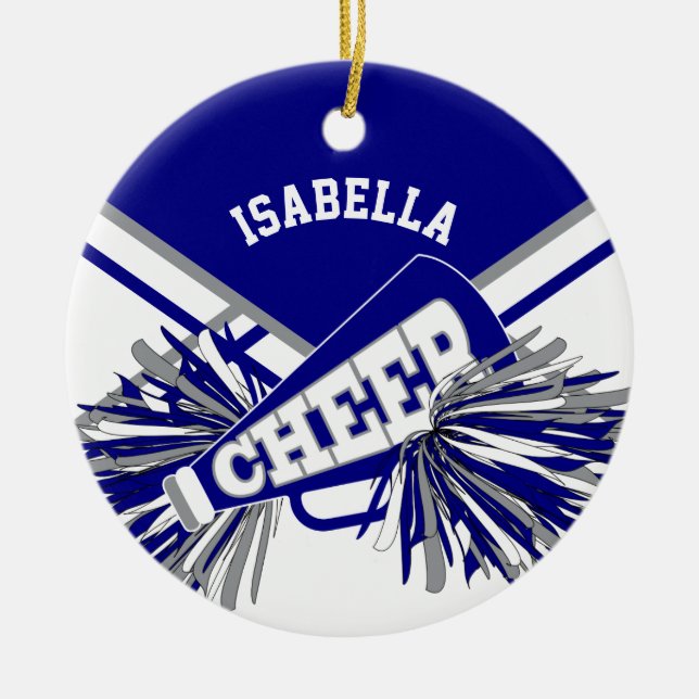Ornamento De Cerâmica Azul, Branco e Cinza Cheque para um Cheerleader 📣 (Frente)