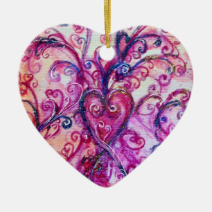 Ornamento De Cerâmica Azul cor-de-rosa brilhante do CORAÇÃO LUNÁTICO