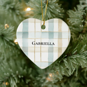 Ornamento De Cerâmica Azul Creme Branco Xadrez Listras Natal