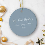 Ornamento De Cerâmica Azul de Foto Bebê do Primeiro Natal Personalizado<br><div class="desc">Celebre o primeiro Natal do seu recém-nascido com este ornamento cerâmico personalizado. A frente mostra um texto elegante e branco sobre um fundo azul empoeirado, criando um olhar sereno e festivo. No verso, orgulhosamente mostre sua foto favorita do seu pequeno, fazer este ornamento um bem-estar apreciado por anos. Perfeito por...</div>