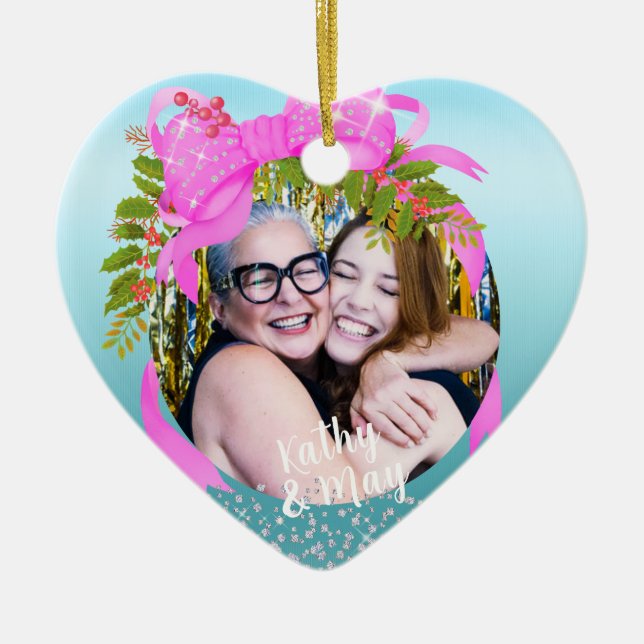 Ornamento De Cerâmica Azul de Natal com Fita Rosa Glittering (Frente)