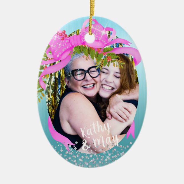 Ornamento De Cerâmica Azul de Natal com Fita Rosa Glittering (Frente)