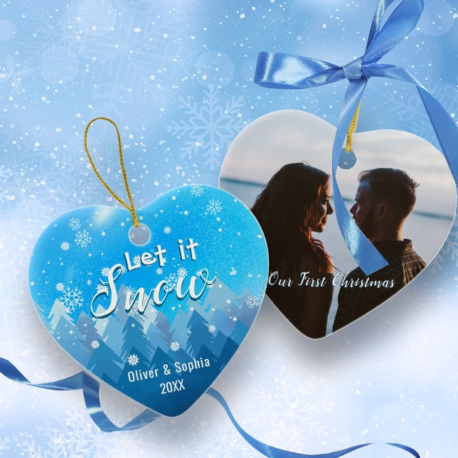 Ornamento De Cerâmica Azul Deixe nevar Primeira Foto de Natal (Criador carregado)