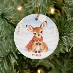 Ornamento De Cerâmica Azul Desbotado Personalizado Fawn ao Luar Natal
