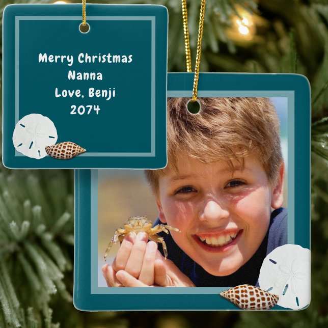Ornamento De Cerâmica Azul do Mar de Foto de Natal (Criador carregado)