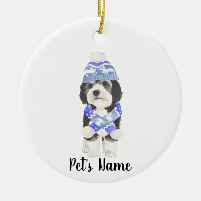 Ornamento De Cerâmica Azul e branco Bernedoodle personalizado (Frente)