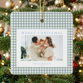 Ornamento De Cerâmica Azul e Verde Gingham Natal Foto Personalizada