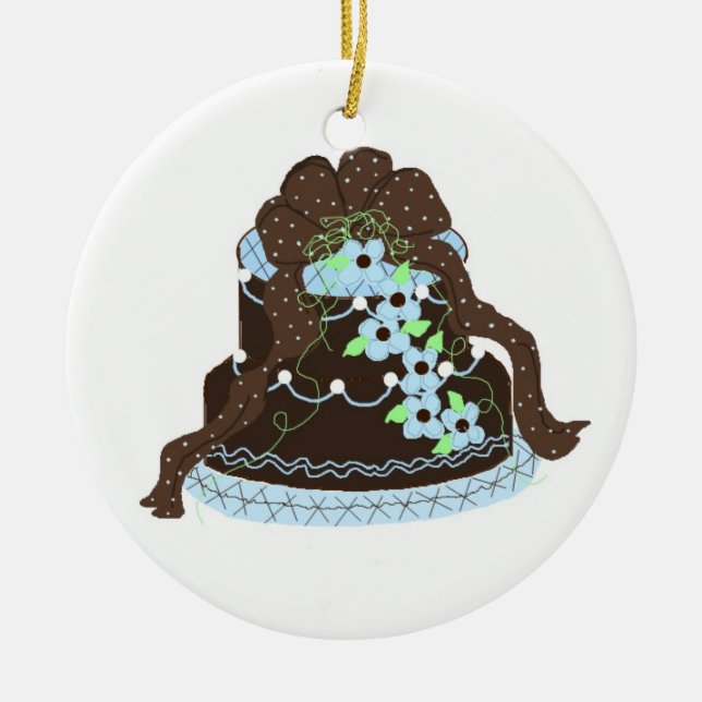 Ornamento De Cerâmica Azul Elegante e bolo de chocolate (Frente)