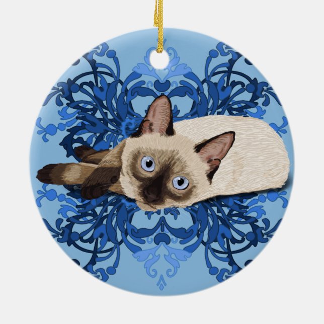 Ornamento De Cerâmica Azul Elegante Floral Siamês Gato Bonito Felino (Traseira)
