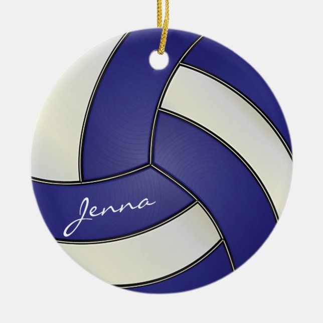 Ornamento De Cerâmica Azul escuro e branco personalizam o voleibol (Frente)