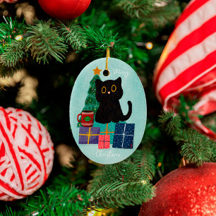 Ornamento De Cerâmica Azul Festivo Feliz Natal Gato Preto Fofo Café