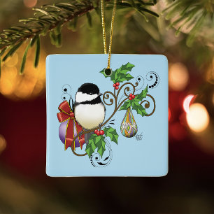 Ornamento De Cerâmica Azul Festivo Natalino Chickadee Vintage