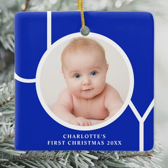Ornamento De Cerâmica Azul-foto personalizada do primeiro Natal do bebê (Criador carregado)