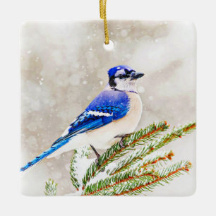 Ornamento De Cerâmica Azul jay em um pinheiro com neve