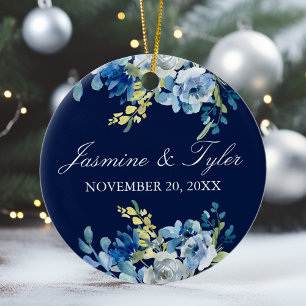 Ornamento De Cerâmica Azul Marinho Floral Elegante Foto Personalizada de