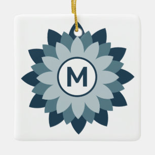 Ornamento De Cerâmica Azul Marinho Geométrico Floral Medalhão Abstrato