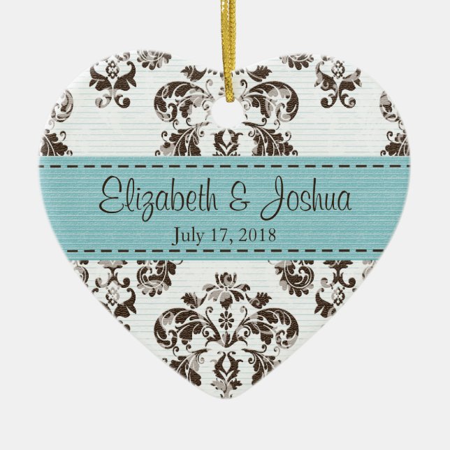 Ornamento De Cerâmica Azul personalizado e casamento tema damasco do (Frente)