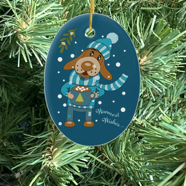Ornamento De Cerâmica Azul Pup De Natal Cinto (Cute cartoon dog blue Christmas ornament .
)