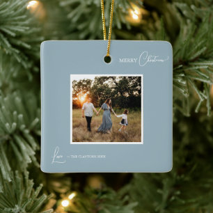 Ornamento De Cerâmica Azul Retro Boho Foto Minimalista Feliz Natal