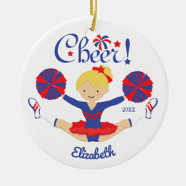 Ornamento De Cerâmica Azul Vermelho Cheer Loira Líder de Torcida Persona