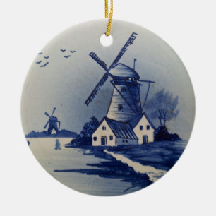 Ornamento De Cerâmica Azul Vintage e Branco Delft