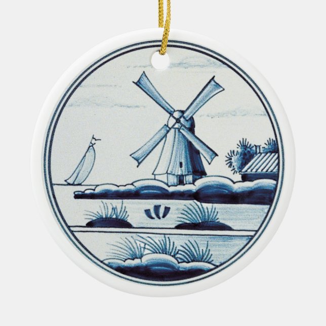 Ornamento De Cerâmica Azulejo azul tradicional holandês (Frente)